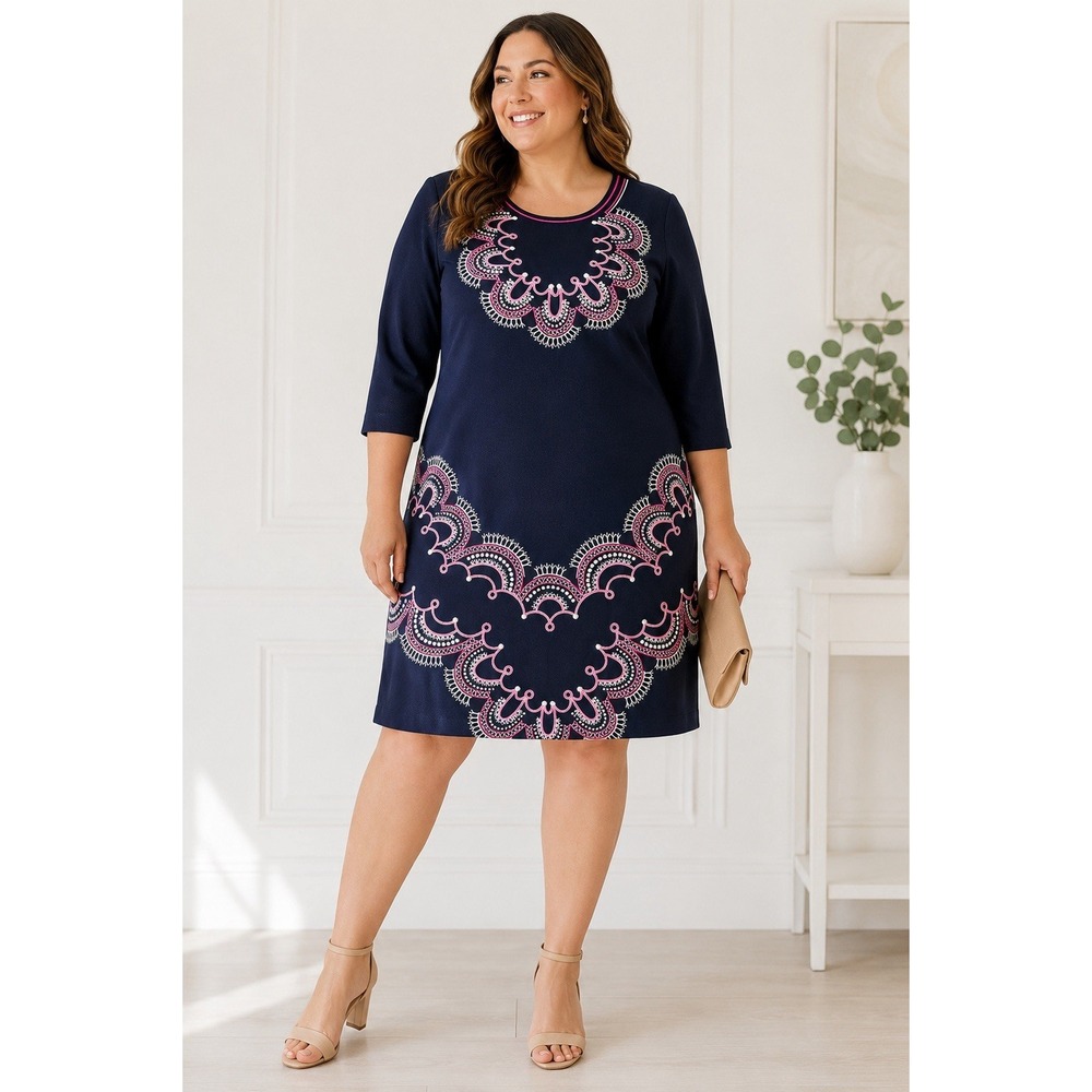 Eliza‎ J Embroidered Shift Dress Navy Pink 3/4 Sleeve Sheath Cocktail 10